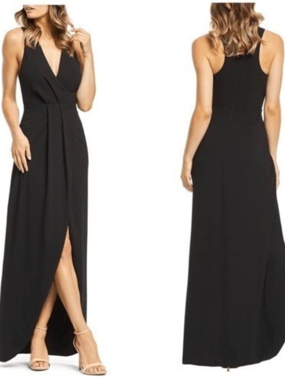 Dress The Population Black Ariel Plunging Faux Wrap Sleeveless Gown Size XL